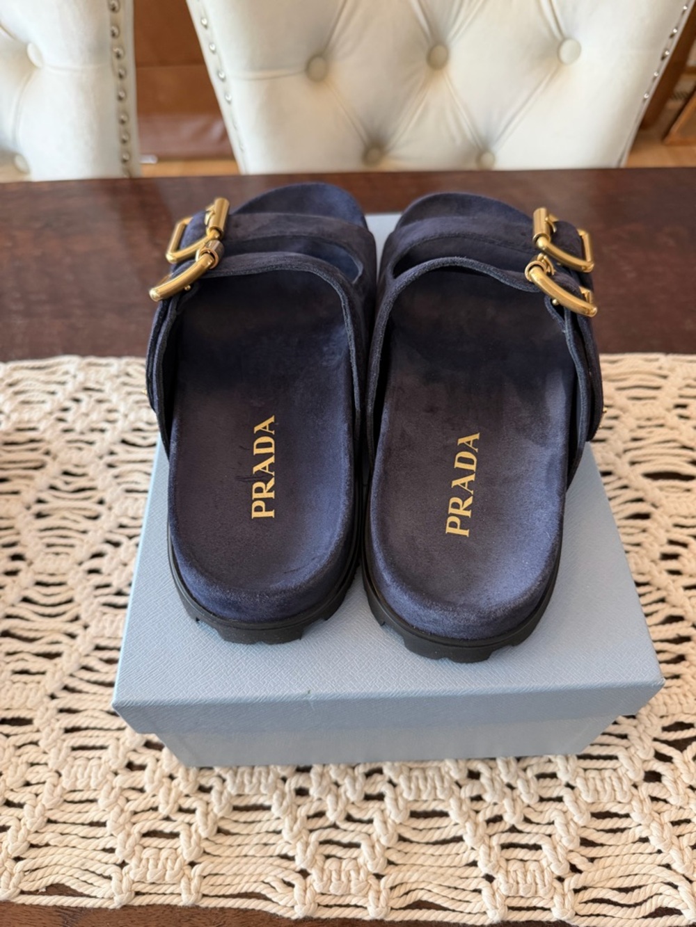 Prada Suede Double Buckle Slide Sandals - Size 39 (9) - Blue - New in Box - Picture 4 of 6